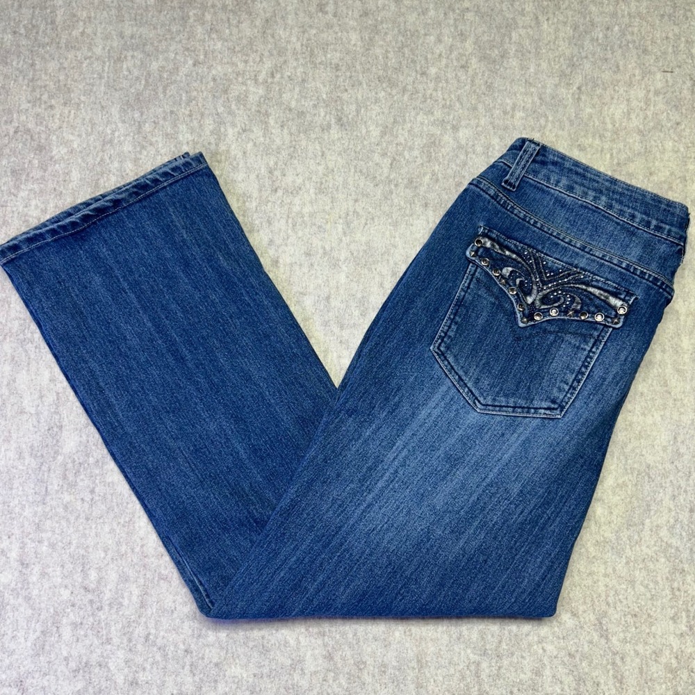 MASSINI Womens Blue Denim Studded Pockets‎ Stitching Flare Jeans Size 16